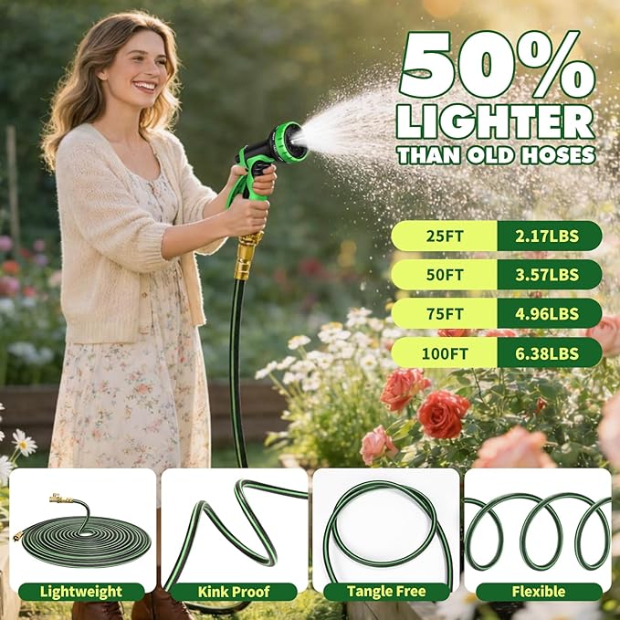 Gardentime Non-Expanding Garden Hose 75FT Flexible No Kink Water Hose, Leakproof Hybrid 5-Layer TPV with 3/4" Connectors & 10 Function Spray Nozzle, Lightweight Portable Water Pipe for Lawn Yard