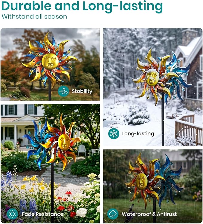 Solar Wind Spinner Metal Sun God Kinetic LED Garden Yard Art Decor | Hand-Crafted Art, Mythic sun god metal spinner, Auto-glow solar crackle ball, Stable 5-prong stake