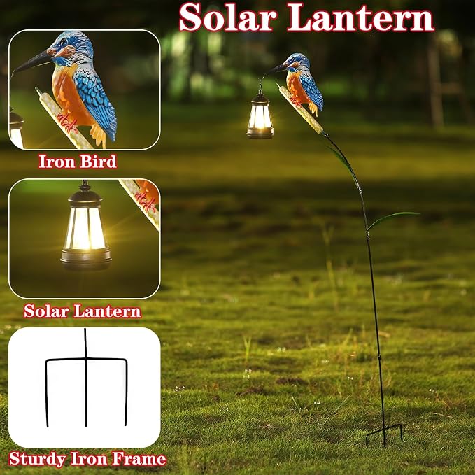 Solar Kingfisher Statue for Outdoor Garden Decor, 6.1 Inch Outside Metal Bird Craft Ornaments with Solar Lantern for Garden, Patio, Yard, Lawn -Birthday Gifts for Women Mom Grandma