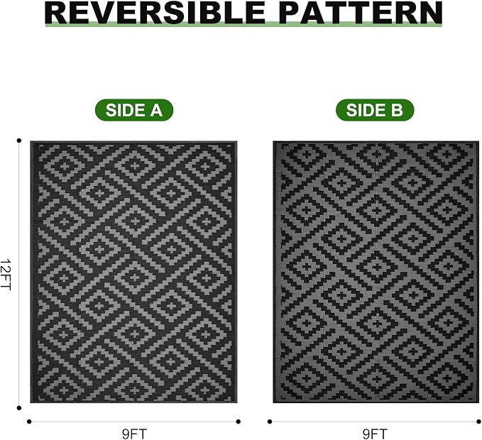 RURALITY Outdoor Rugs 9x12 Feet for Patios Clearance,Plastic Straw Waterproof Mats for RV,Backyard,Porch,Deck,Balcony,Black&Deep Grey