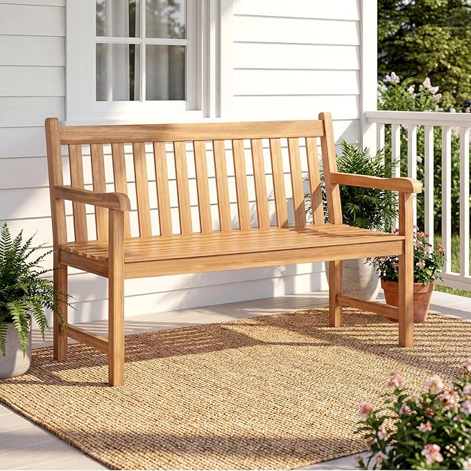 Tangkula 51" Teak Wood Outdoor Bench, 2-Person Solid Wood Garden Patio Bench with Backrest and Armrests, Wooden Loveseat Seating Furniture for Porch, Balcony, Backyard and Deck