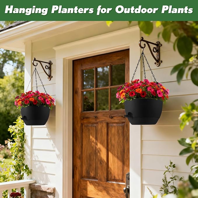 4-Piece Set of 8-Inch Hanging Planters with Automatic Watering System and Drip Tray, Includes Metal Chain, Suitable for Various Indoor and Outdoor Plants and Flowers,Black