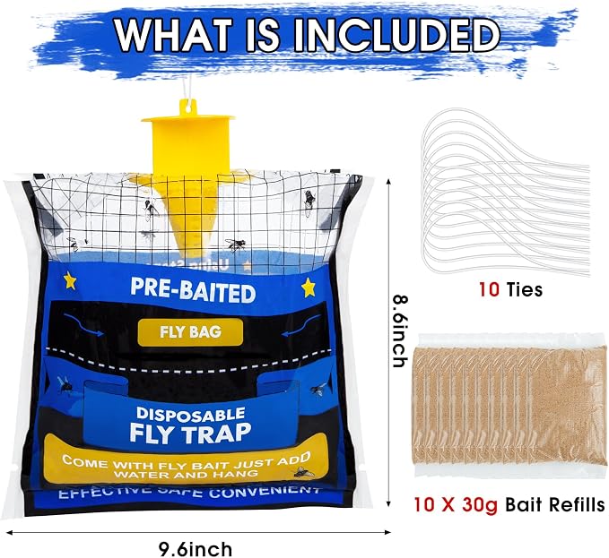 10 Pack Fly Traps Outdoor Hanging for Patio, Outdoor Disposable Hanging Fly Trap with 30g Bait, Bug Fly Hunter Catcher Killer Control for Barn Horse Ranch Chicken Coop