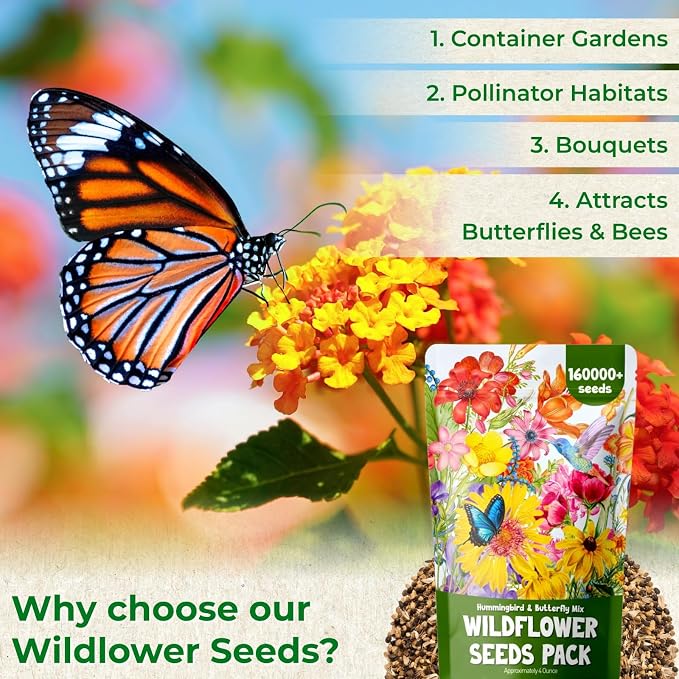160,000+ Wildflower Seeds Bulk for Planting(4oz) – 13 Varieties Perennial & Annual Mix, Attract Bees, Butterflies & Hummingbirds, High Germination for Pollinator Garden, Gift for Woman