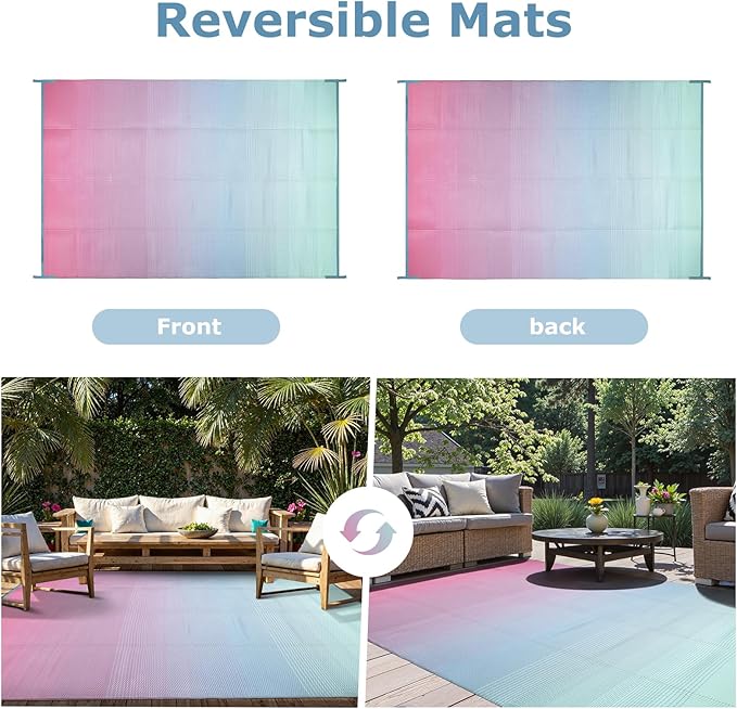 Lahome Reversible Rv Rugs for Outside Camping, 8x10 Waterproof Outdoor Pool Beach Area Rugs, Portable Lightweight Plastic Straw Carpet for Porch Backyard Garden, Pink Blue 8'x10'