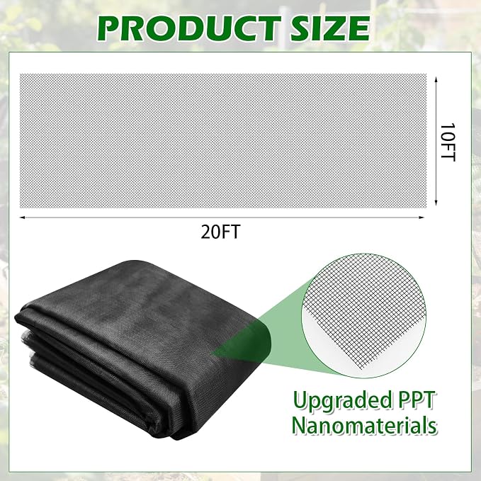 Stronger Garden Mesh Netting for Plants Vegetables Fruits Flowers - 10x20 Ft Black PPT Nano Bug Bird Net Screen, Raised Bed Greenhouse Balcony Patio Porch, 33% Shading Rate
