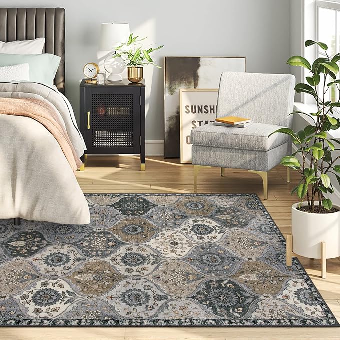 Lahome Moroccan Machine Washable Rugs, 4x6 Area Rug for Living Room Bedroom | Soft Non-Slip Rug Vintage Trellis Ultra-Thin Throw Carpet for Dining Room Office Elise, Grey