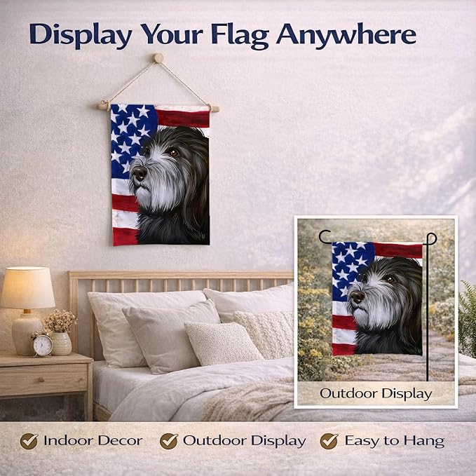 Caroline's Treasures CK6480GF Catalan Sheepdog Dog American Flag Garden Flag Mailbox Flag Decorative Yard Flag Banner Outside Patio Artwork Yard Flower Beds, Garden Size, Multicolor