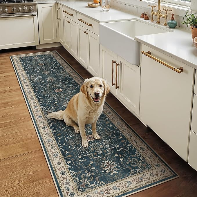 Deep Blue Hallway 2x8 Runner Rug, Washable Non Slip Entryway Runner Indoor, 0.27 Low Pile Vintage Medallion Distressed Carpet Runners 8ft for Kitchen/Bedroom Bedside/Laundry Room/Bathroom
