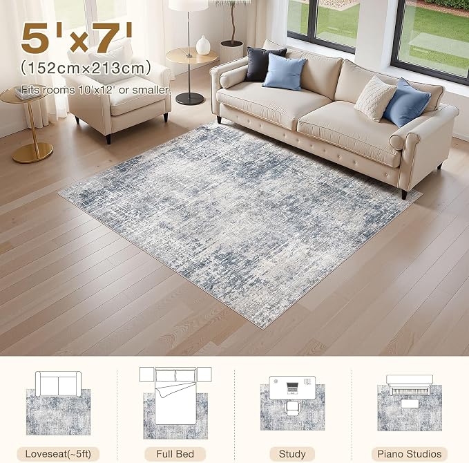 kakania Abstract 5x7 Area Rugs for Living Room: Washable Rugs Blue Grey | Soft, Non-Slip, Low-Pile, Pet & Kid Friendly - Modern Home Decor Carpet for Bedroom/Dining Room/Office/Nursery