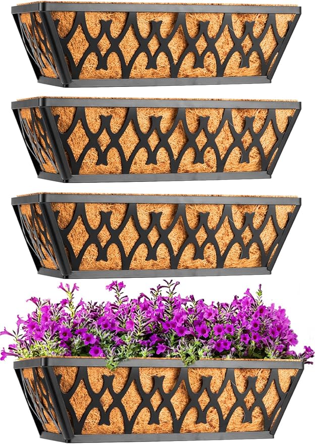 4 Pack 16 Inch Window Boxes Planters Railing Planter Box with Coco Liners Deck Railing Planter Boxes Balcony Hanging Flower Box for Outdoor Plants Garden Decor