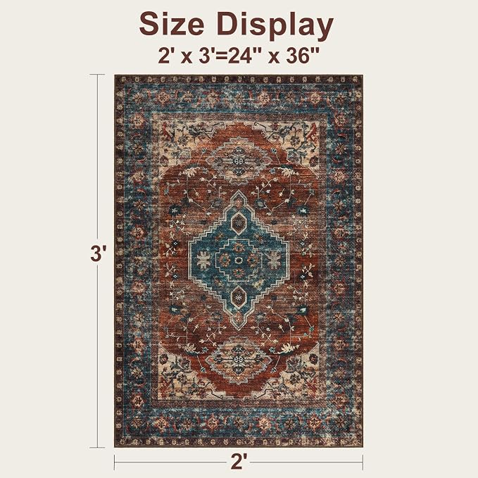 Tangsoo Oriental 2x3 Washable Rugs for Entryway, Non Slip Small Area Rug | Vintage Indoor Front Door Rug, Boho Print Door Mat Soft Low Pile Throw Rugs for Entrance Entry Kitchen Bedroom Bathroom