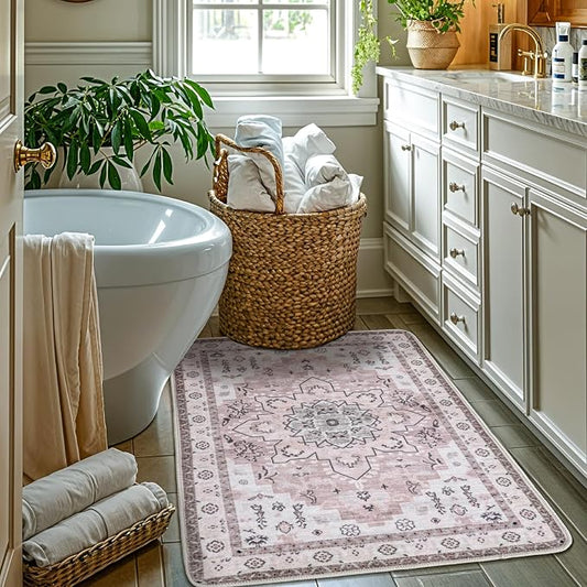LBRO2M Machine Washable Rug Soft Pet Friendly Carpet 3X5 Pink | Persian Throw Rug 3X5 for Entryway, Kitchen, Bathroom Non Slip Carpet, Foldable Stain Resistant Rugs