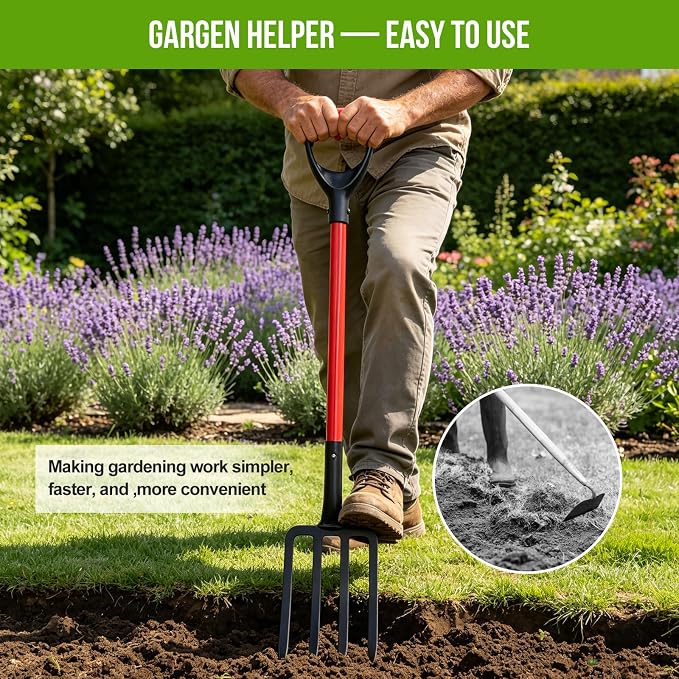 Pitch Fork, 42.5 inch One-Piece Garden Fork with Metal 4 Tines & Fiberglass D Handle, Heavy Duty Pitchforks for Gardening Digging Composting Soil Loosening