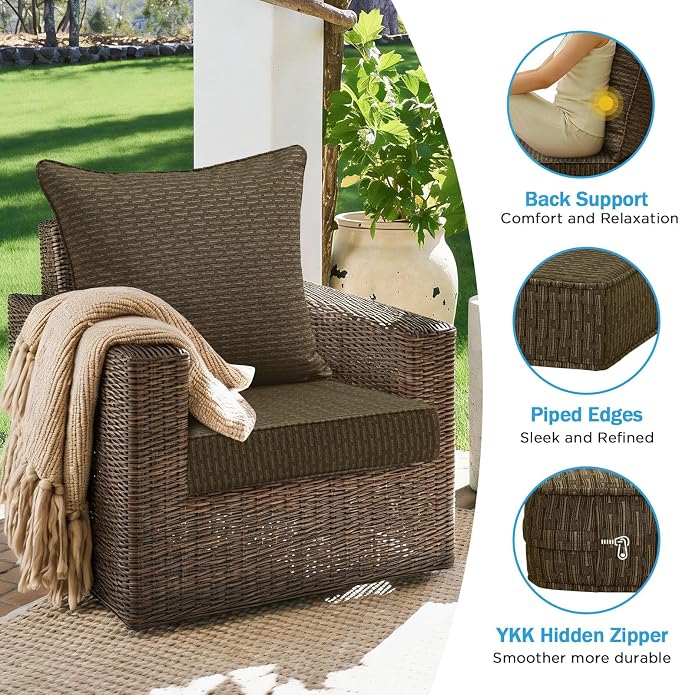 Sunbrella Outdoor Deep Seat & Back Cushion Set (2-Pack), 24 x 24 Inch Water Repellent and Fade Resistant Patio Furniture with Removable Cover for Outside Sofa Couch, Dash Walnut