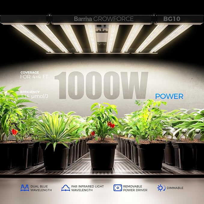 Barrina GrowForce BG10 1000W Full Spectrum with Dual Blue & FIR, High PPFD, 4 x 4/5 x 5 Grow Lights for Indoor Plants, Dimmable, Hanging, Light and Bracket Combined, Growing in Grow Tent