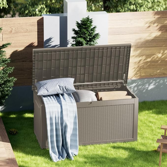 Outdoor Storage Box, 320 Gallon Waterproof Deck Box, Dual Gas-Spring Ultimate Resin Organizer for King Cushions, Heavy-Duty Lockable Estate Storage Bench, Backyard BBQ, Grey