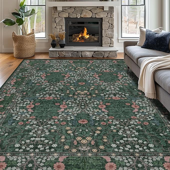 Vintage Green Living Room Rug, 8x10 Washable Area Rugs for Dining Room Under Table, Soft Low Pile Large Carpet Bedroom, Non-Slip Boho Floral (8 x 10 Green)