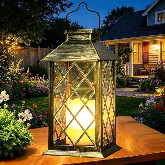 Yowin Solar Lanterns Outdoor Waterproof 14" Large Tempered Glass Solar Hanging Lantern for Outside with Flickering Candle, Mother's Gift Ideas, Wall Lamp for Garden Patio Vintage Decorations - Bronze