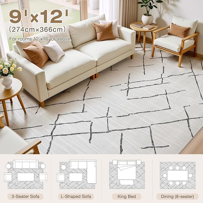 kakania Washable 9x12 Area Rug for Living Room: Boho Geometry Home Decor | Soft Stain Resistant, Low-Pile, Non-Slip, Pet & Kid Friendly, Thin Rug for Bedroom/Dining Room/Kids Dorm - Light Grey