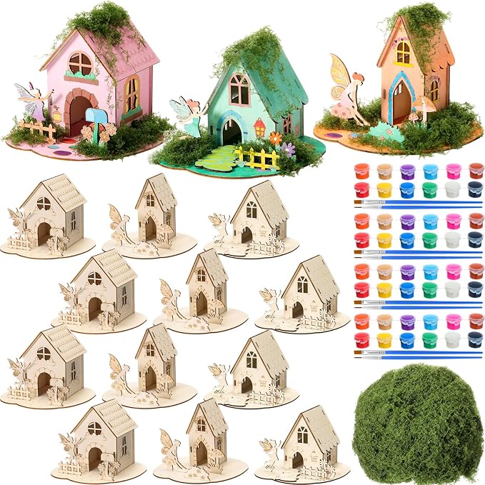 DoubleFill 12 Sets Wooden Fairy House Kit Craft - DIY Fairy Garden with Paints & Decorations - Arts Crafts & Birthday Gift for Craft Activity Party Decor (Cute Tall)
