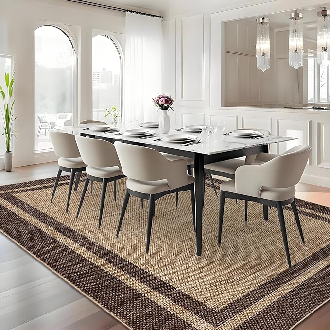 COZYLOOM Area Rug for Bedroom 8x10 Modern Washable Kids Room Rug, Brown | Rubber Backing Stain Resistant Neutral Bordered Non Shedding Low Pile Minimalist Rugs for Living Room Dining Room