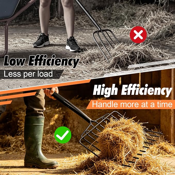 VNIMTI Pitch Fork Heavy Duty, 10-Tine Pitchfork with Fiberglass Handle, 58 Inch Garden Pitch Fork for Hay, Mulch, Compost, Farm and Gardening