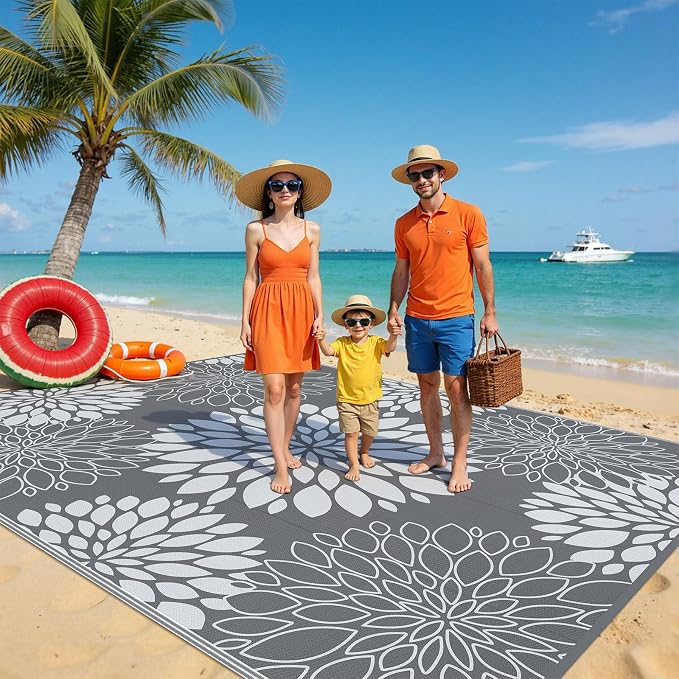 Ileading Waterproof Outdoor Rug 9x12, Reversible Plastic Straw Patio Rug, Portable Indoor Outdoor RV Camping Mat Carpet for Deck, Porch, Balcony, Backyard, Picnic, Floral Grey