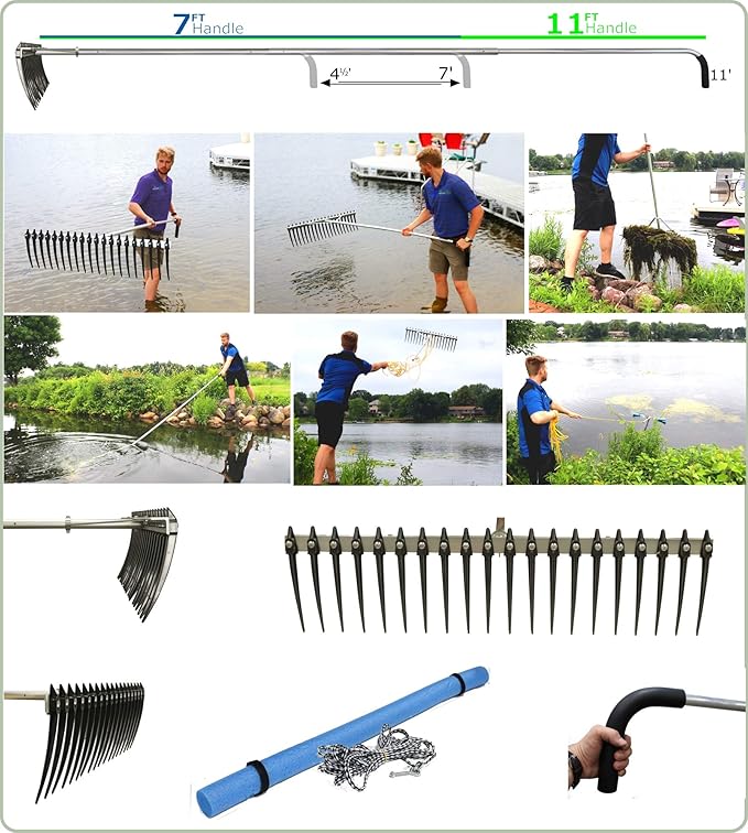 Lake Weed Cleanup Kit Aquatic Lake & Pond Weed Cutter 49" Razor Sharp Aquatic Lake Weed Cutter and RakeZilla Heavy Duty Lake Rake with Long Tines - Beach/Shoreline Cleaning Package