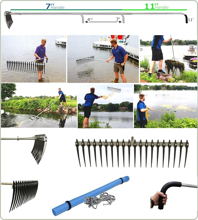 Lake Weed Cleanup Kit Aquatic Lake & Pond Weed Cutter 49" Razor Sharp Aquatic Lake Weed Cutter and RakeZilla Heavy Duty Lake Rake with Long Tines - Beach/Shoreline Cleaning Package