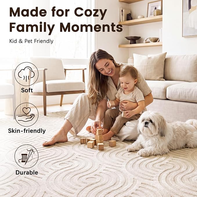 Etwel 2x6 Beige Modern Abstract Textured High-Low Pile Washable Runner Rug | Soft Carpet, Non-Slip PVC Backing, Low Profile, Kid and Pet Friendly, for Kitchen, Entryway, Hallway, Bedroom