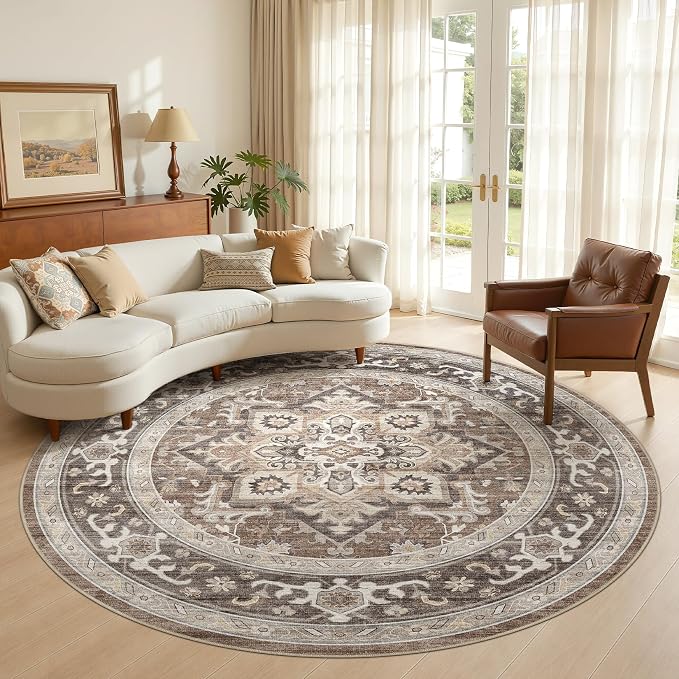 Round Washable Area Rug 8ft, Boho Vintage Distressed Oriental Medallion, Neutral Blue, Thin Carpet for Living Room Bedroom Home Office Decor -Dark Brown