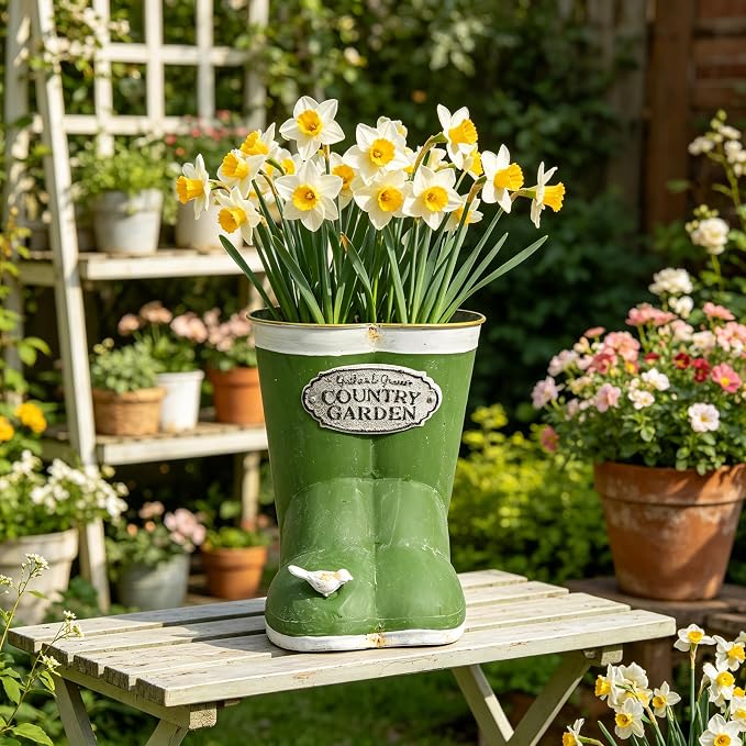 Vintage Green Rain Boot Planter, Country Garden Metal Boot Flower Pot, Rustic Farmhouse Decorative Planter for Indoor Outdoor Succulents, Herbs, Garden & Porch Decor