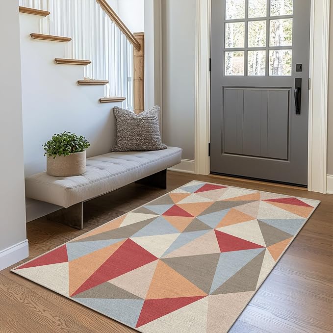 3x5 Colorful Triangle Geometric Area Rug for Bedroom Entryway Hallway Abstract Modern Rug Machine Washable Non-Slip Carpet for Bathroom Kitchen Bedside Dining Room