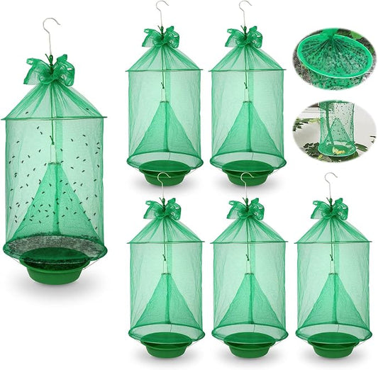 6 Pack Reusable Ranch Fly Trap Hanging, Fly Traps Outdoor Fly Catcher Killer Hunter Cage Control, Farm Horse Stable Fly Trap for Orchard, Barn, Garden