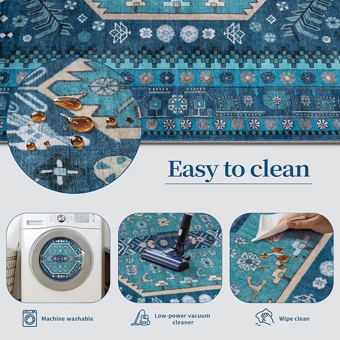 Ciicool 5x7 Area Rugs,Washable Large Boho Carpet for Living Room Bedroom | Oriental Low-Pile Soft Vintage Non-Slip Indoor Throw Teal Carpet for Kitchen Bedside Dining Room Foyer Decor