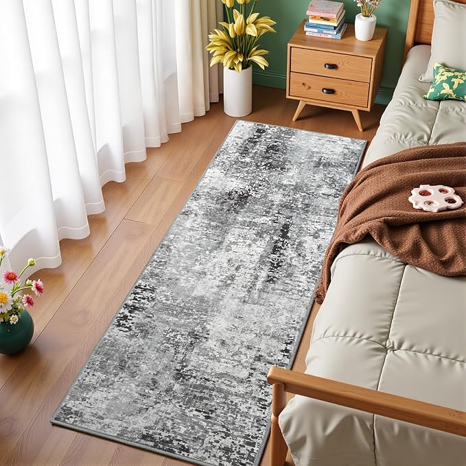 Dark Grey Washable Runner Rug for Bedroom, Abstract Non-Slip Soft Entryway Rugs, Modern Low Pile Stain Resistant 2x6 Carpet for Entryway, Kitchen, Hallway, Bedside