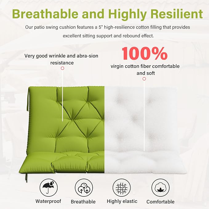 Porch Swing Cushion with Backrest,Waterproof Bench Cushion for Outdoor Furniture,2-3 Seater Replacement Thickened 5 in swing cushion,with Ties,Patio,Outdoor,Backyard and Garden (Grass Green,40x40 in)