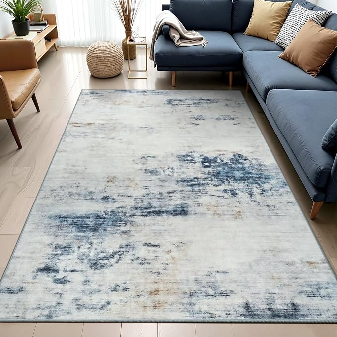 Toneed 4x6 Washable Non Slip Abstract Area Rugs for Bedroom Living Room | Soft Modern Low Pile Rug for Kitchen Hallway Office,Indoor Carpet for Kids Nursery Home Decor, Blue/White