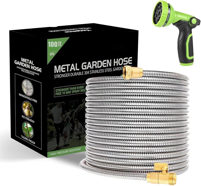 Metal Garden Hose 100 ft Water Hose 304 Stainless Flexible Lightweight Outdoor Yard Strong Durable Heavy Duty Hose Pipe with 10-Way Nozzle Solid 3/4" Brass Connectors No Kink Leakproof Outside