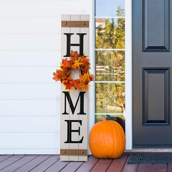 Glitzhome 42”H Wooden Welcome Home Porch Sign with Interchangeable Wreaths for Front Door Vertical Farmhouse Standing Home Sign Hanging Wall Sign for Year Spring Fall Thanksgiving Christmas