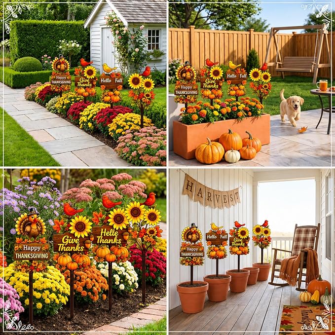 4 Pcs Fall Thanksgiving Garden Stakes Pumpkins Maple Leaves Turkey Sunflower Metal Yard Sign Outdoor Art Stake for Thanksgiving Decorations Autumn Harvest Patio Lawn Walkway Porch