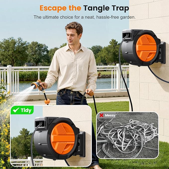 Retractable Garden Hose Reel 1/2” x 150ft, Auto Rewind Hose Reels for Outside, Heavy-Duty Wall-Mounted Outdoor Hose, 10-Mode Nozzle, Adjustable Length, 180° Rotation for Watering, Car Washing