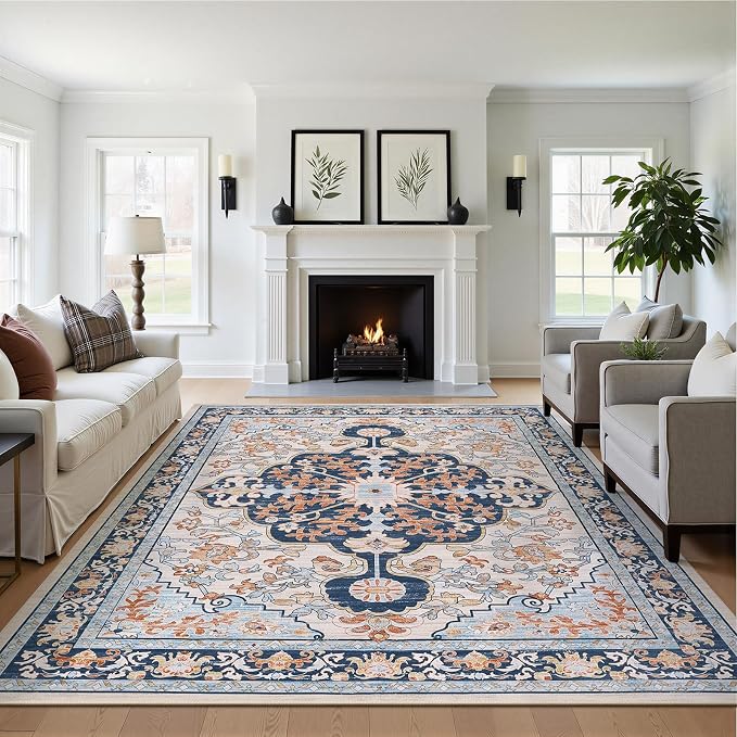 U'Artlines Boho Vintage Area Rug 8x10 Machine Washable Carpet, Orange Blue | Low Pile, Non Slip, Ultra-Thin Soft Floor Carpet, Accent Rug for Living Room Bedroom Entryway Dining Room Office