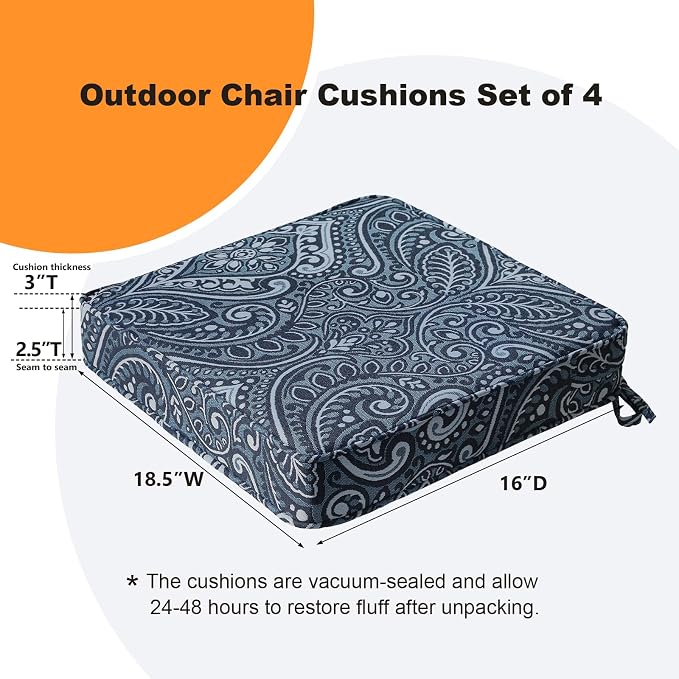 Unimatta Square Corner Seat Cushions, 18.5" x 16" x 3", Set of 4, Indoor Outdoor Water Repellent Universal Chair Pads with Ties for Patio Furniture, Garden Deck Dining Chairs, Damask Blue Flower