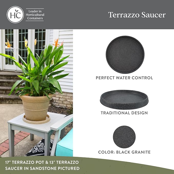 The HC Companies 23 Inch Terrazzo Round Plant Saucer, Lightweight UV-Resistant Plastic Outdoor & Indoor Flower Pot Tray, 1-Pack Plant Pot Trays for Garden & Home Decor, Black Granite