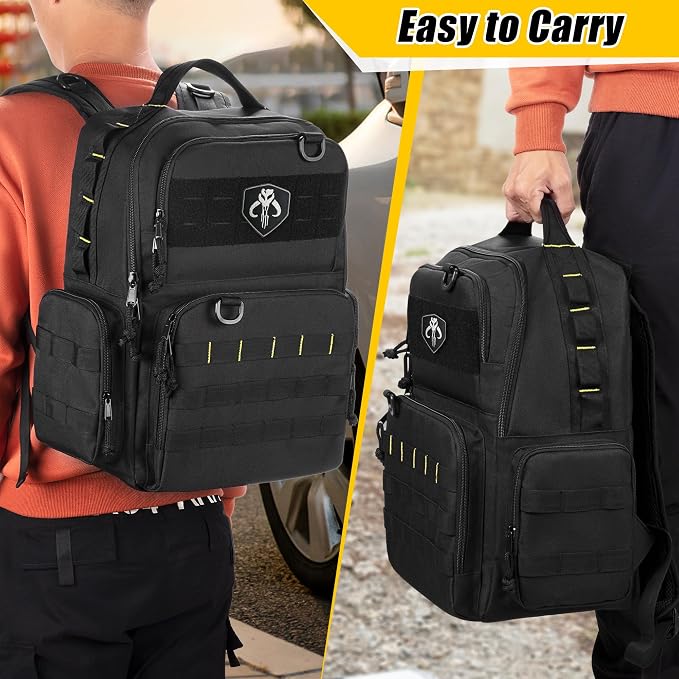 Rexmica Tool Bag Backpack for Men with 3 Tool Pouches, Heavy-Duty Tool Storage Organizer Bag with Padded Shoulder & Waist Support, Tactical Work Tool Bag for Electrician, Repairman, HVAC Techs, Black