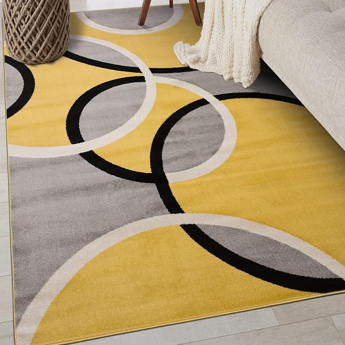Rugshop Abstract Circles Contemporary Living Room Area Rug Yellow 3'3" x 5' | Rectangular, Jute Backing, Size 3'3" x 5', Bedroom, Dining Room, Home Office, Kitchen, Entryway, Hallway, Nursery, Kids Room