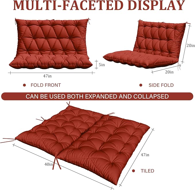 Porch Swing Cushion with Backrest,Waterproof Bench Cushion for Outdoor Furniture,2-3 Seater Replacement Thickened 5 in swing cushion,with Ties,Patio,Outdoor,Backyard and Garden (Terra Red,47x40 in)