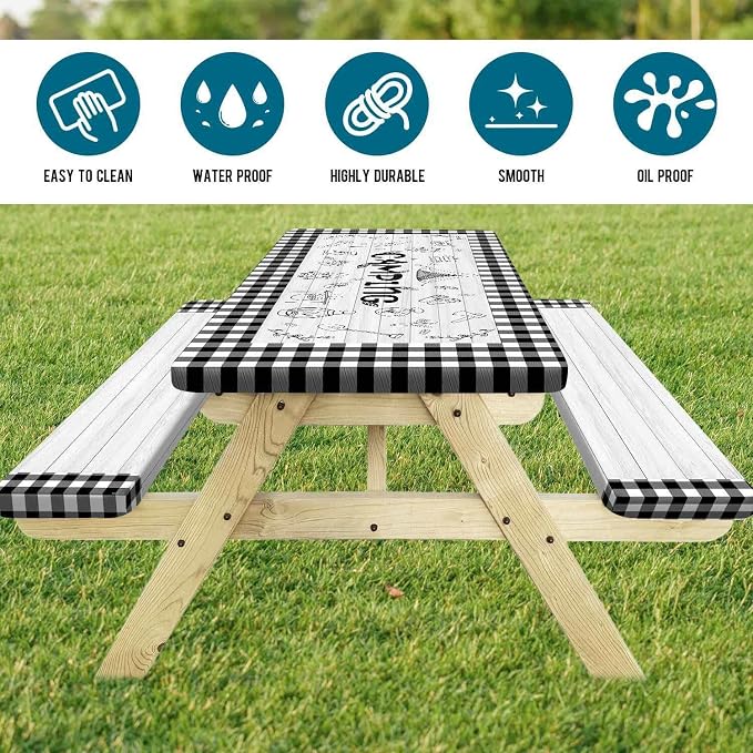 Picnic Table Cover with Bench Covers Checkered Camping Tablecloth, Waterproof Windproof Reusable Picnic Table Covers with Drawstring Bag, Outdoor Patio Camping Essentials, 96In 3PCS